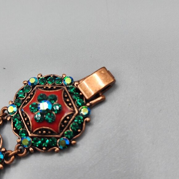 Joan Rivers Red & Green Enamel Crystal Link Bracelet Hexagon Copper Tone 7.5" - Picture 6 of 11